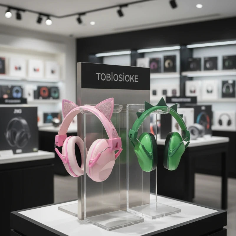 casque anti bruit enfant rose et vert exposés dans un magasin