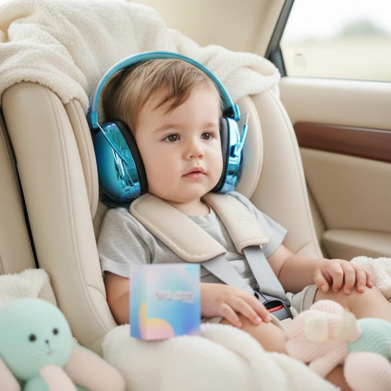 casque anti bruit enfant  bleu avec boite, l'enfant assis dans son siège dans l'auto