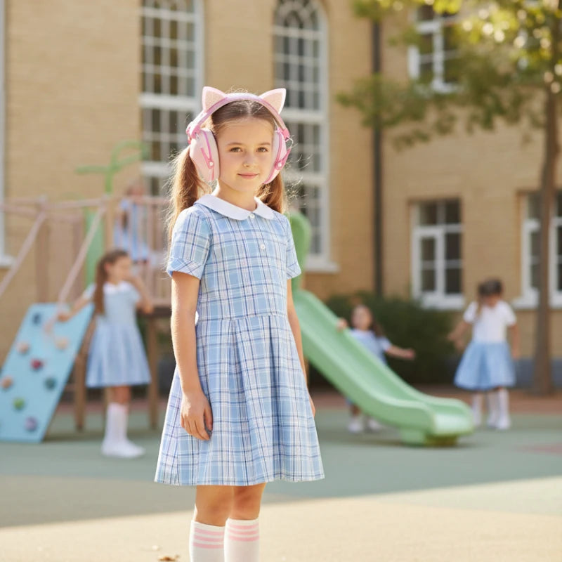 casque anti bruit enfant rose, la petite fille dans la cour d'école