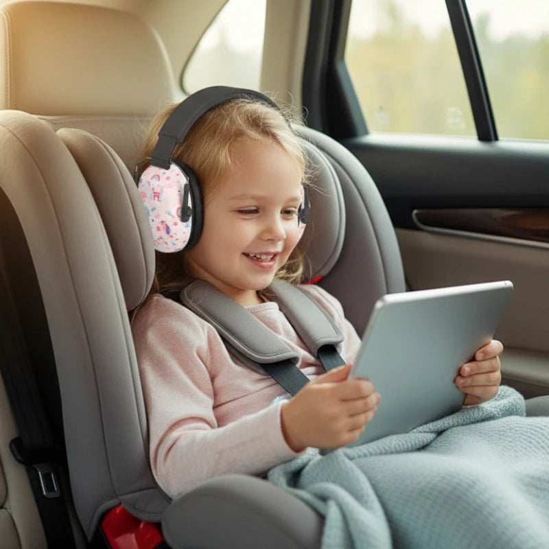 casque anti brui enfant rose enfant dans l'auto avec sa tablette