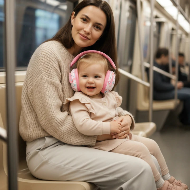 casque anti bruit enfant rose, maman dans le metro avec son enfant
