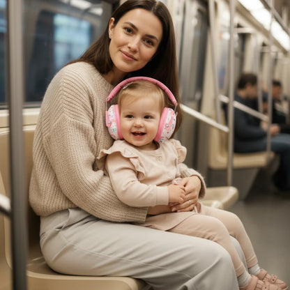casque anti bruit enfant rose, maman dans le metro avec son enfant