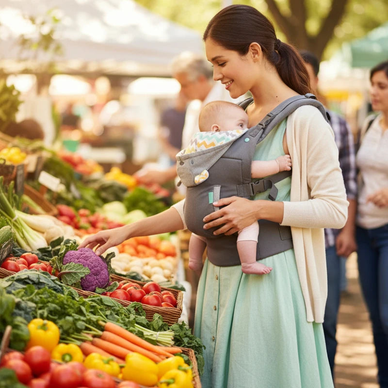 Porte-bébé chapeau koala, maman au marché achète des légumes