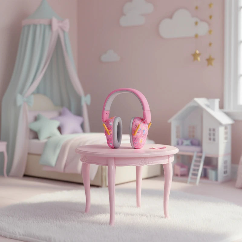 casque anti bruit enfant rose posé sur la table  rose 
