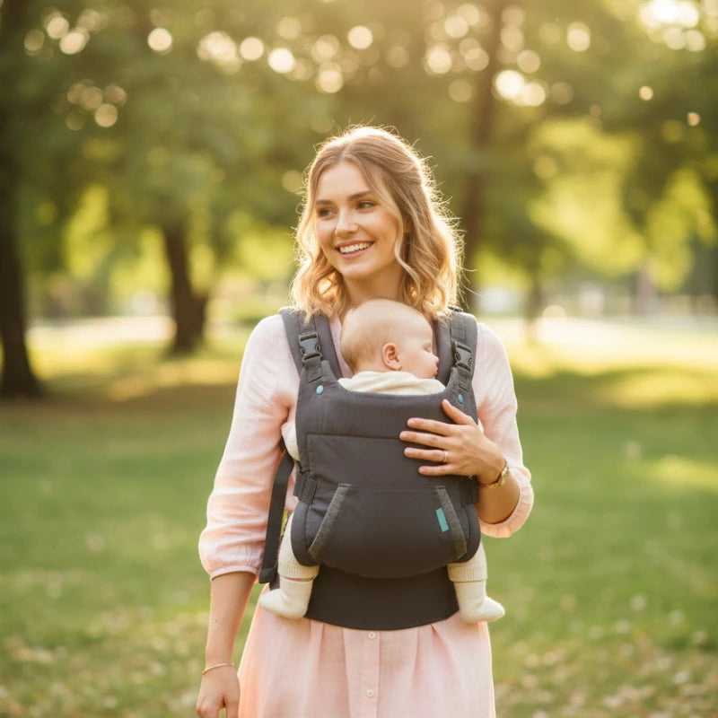 Porte-bébé maman au parc avec son bébé 