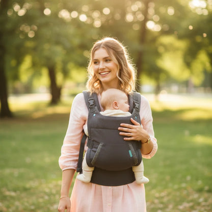 Porte-bébé maman au parc avec son bébé 