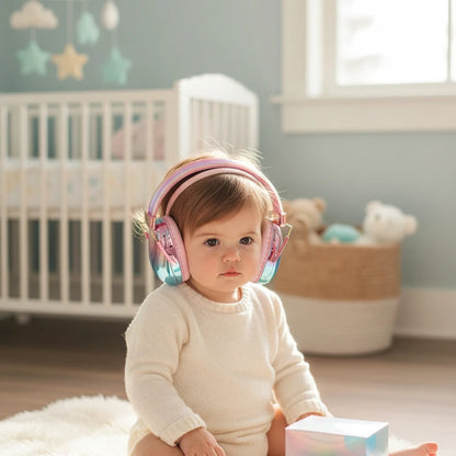 casque anti bruit enfant enfant rose bleu avec boite, enfant assis dans sa chambre
