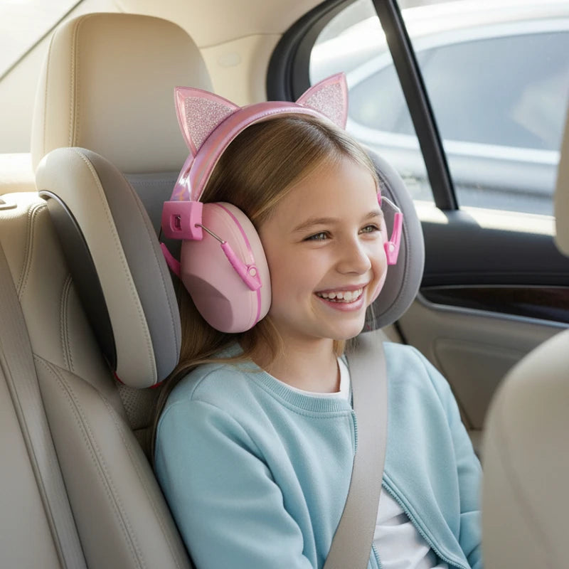 casque anti bruit enfant rose, la petite fille dans l'auto tout souriante