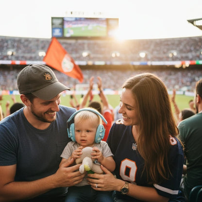 casque anti bruit enfant bleu les parents au stade avec leur enfant