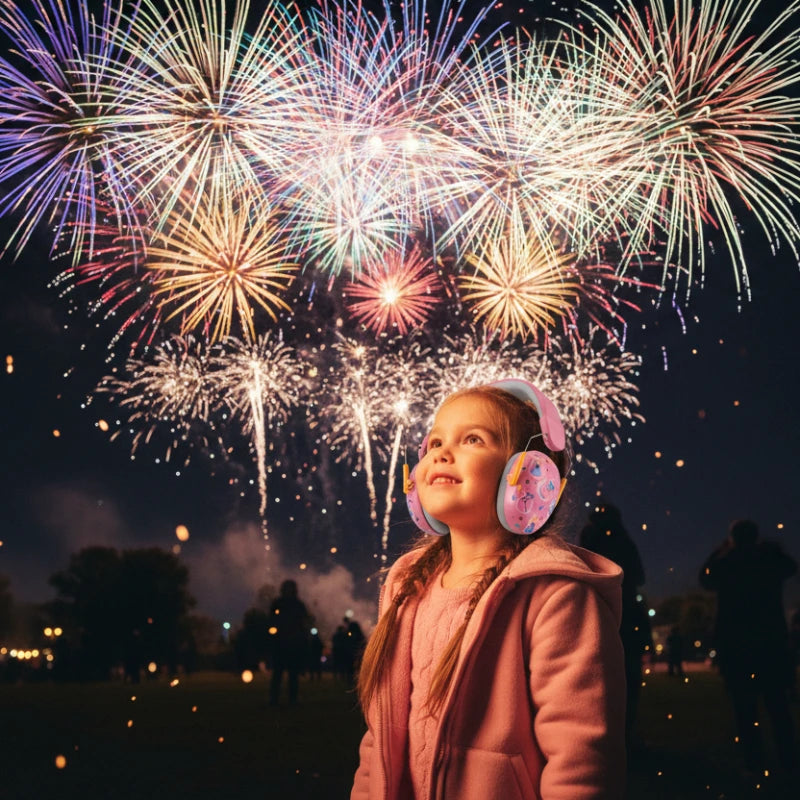 casque anti bruit enfant rose, l'enfant au festival des feux d'artifices