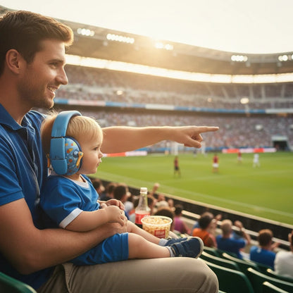 casque anti bruit enfant bleu papa au stade de soccer avec son enfant