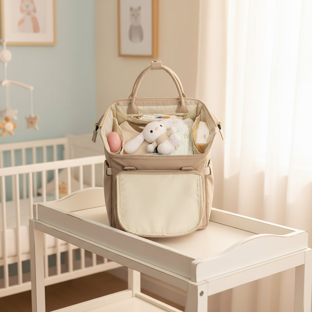 Sac à dos maternité kaki posé sur la table à langer dans la chambre se bébé