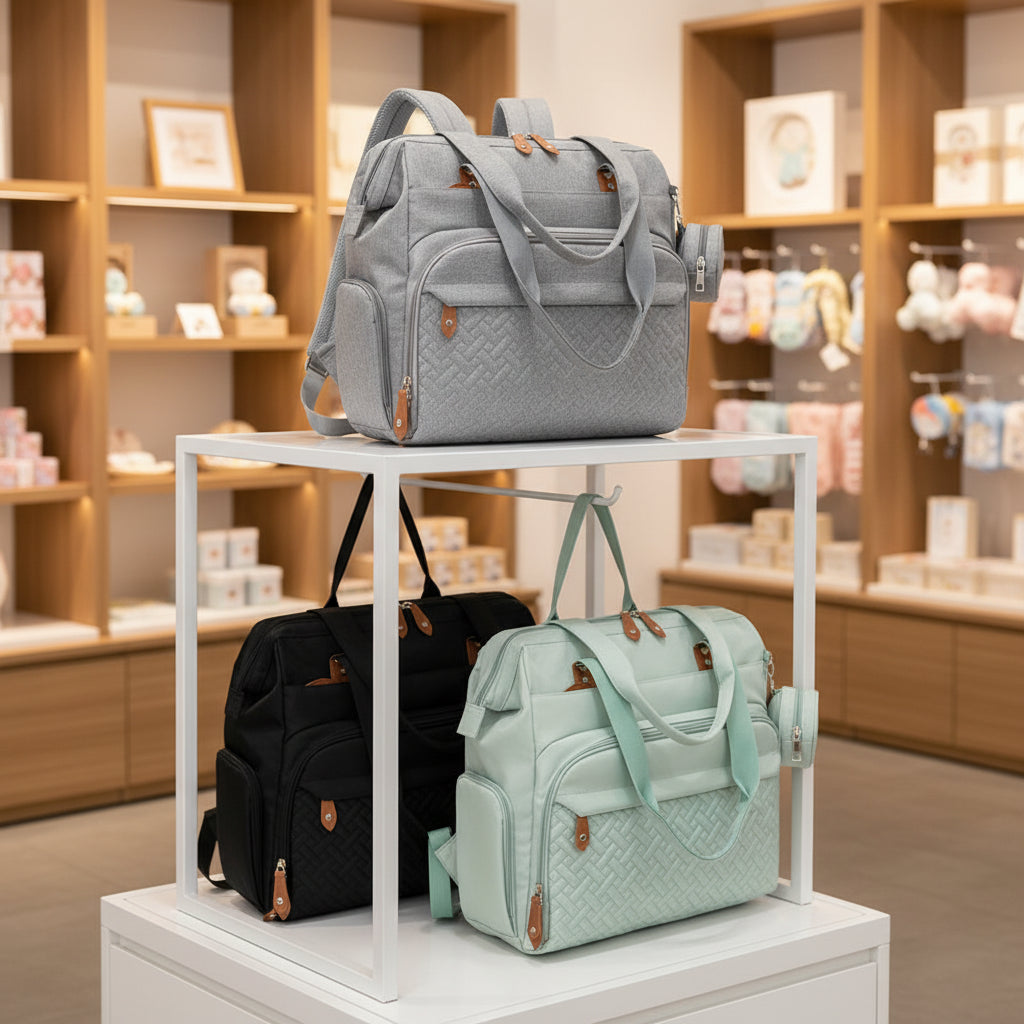 Sac à langer bébé gris, vert et noir sur un présentoir dans un magasin de bebe