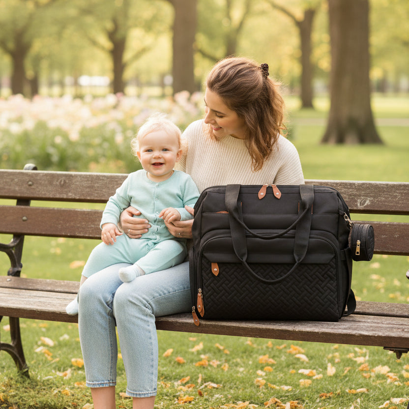 Sac à langer bébé noir maman assise sur un banc au parc avec son enfant