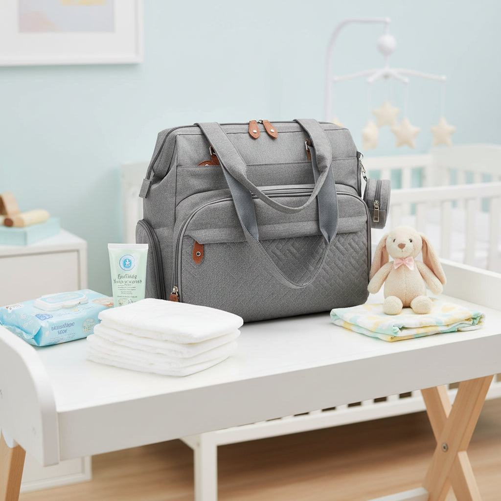 Sac à langer bébé gris posé sur la table à langer avec les accessoires