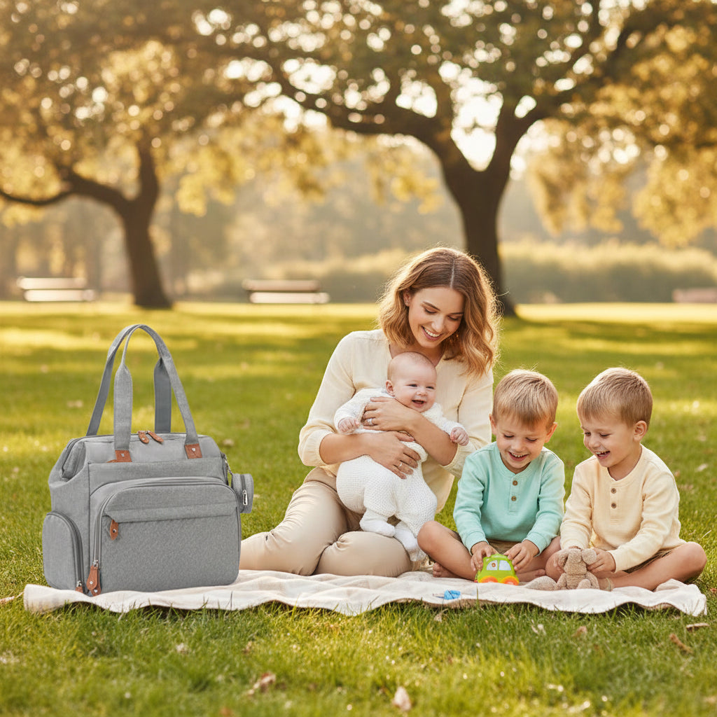Sac à langer bébé gris maman assis sur un tapis posé sur les gazon avec ses enfants