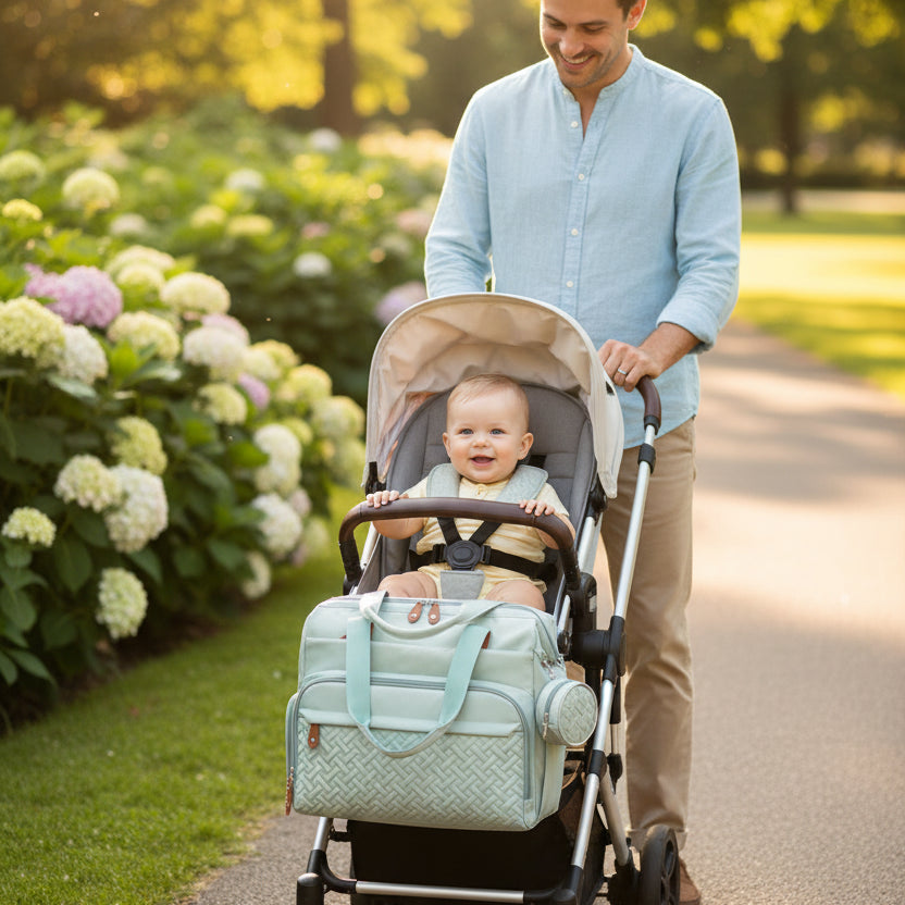 Sac à langer bébé vert papa qui se balade avec son enfant dans la poussette