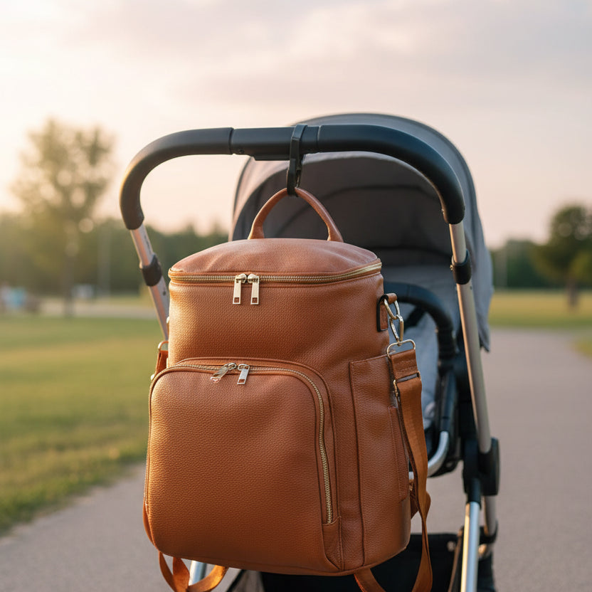 Sac à langer brun accroché sur la poussette