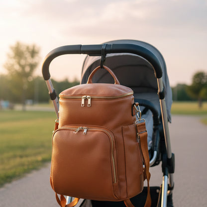Sac à langer brun accroché sur la poussette