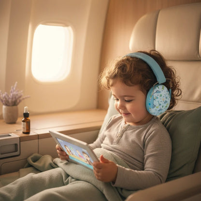 Casque anti bruit enfant bleu, enfant dans l'avion avec sa tablette