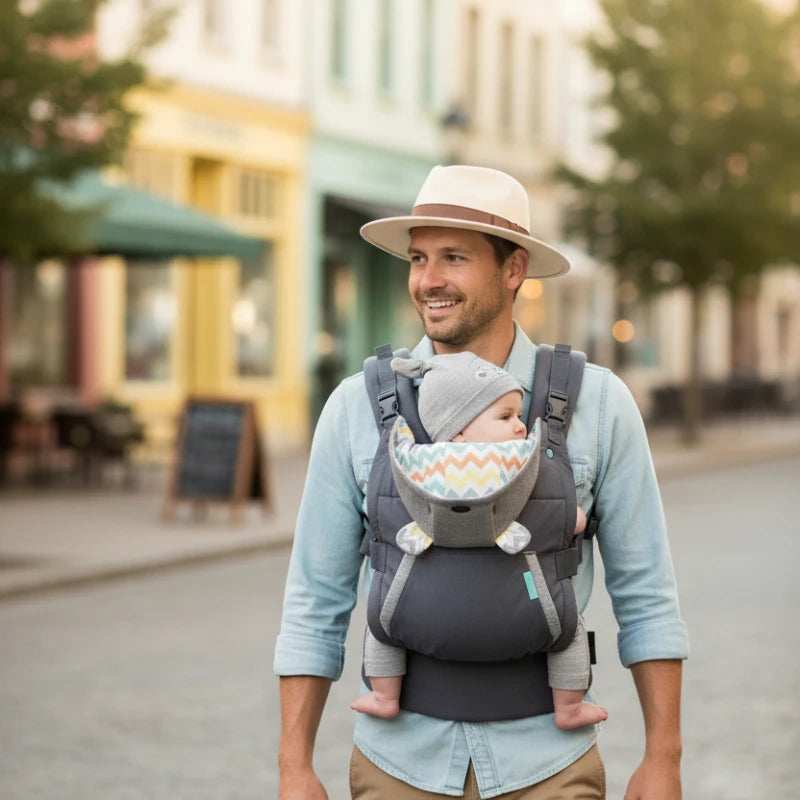Porte-bébé chapeau koala papa dans la rue avec son bébé bien confortabe