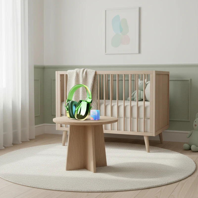 casque anti bruit enfant  avec boite posé sur la table dans la chambre 