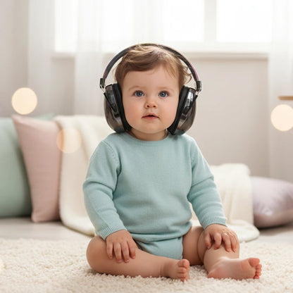 casque anti bruit enfant noir  avec boite l'enfant assis sur le lit dans sa chambre