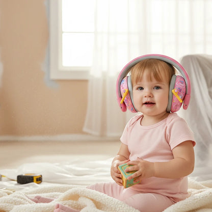 casque anti bruit enfant rose, enfant assis à maison pendant les travaux