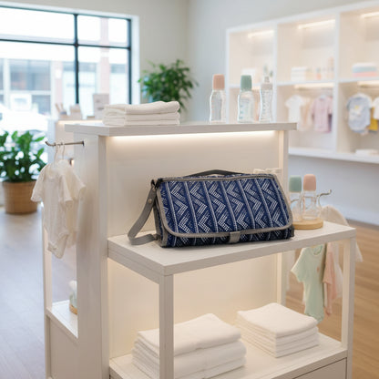 Tapis à langer vert qui est posé sur un présentoir au magasin