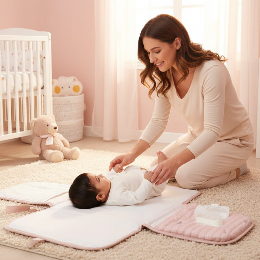 Tapis à langer de voyage  rose, maman change son enfant sur le tapis dans la chambre