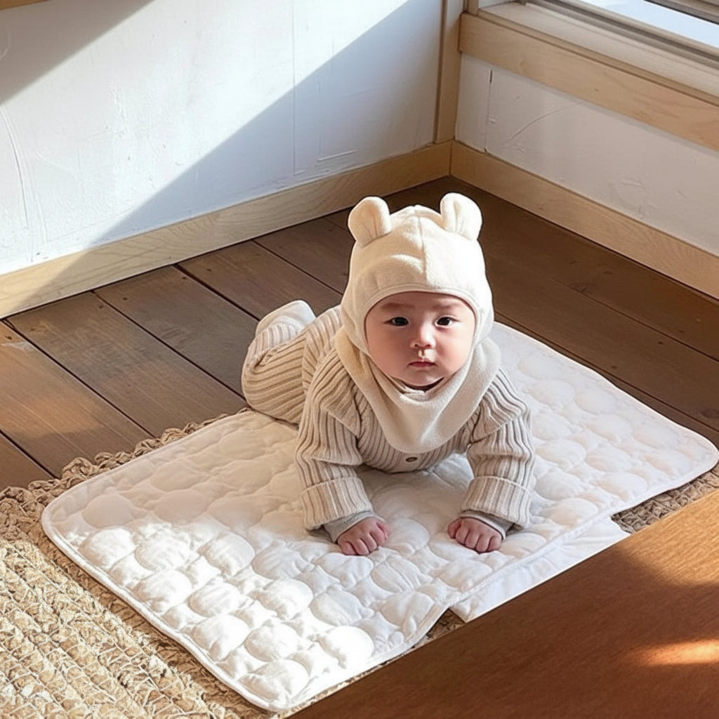 Tapis à langer voyage B bébé couché  sur le ventre face à la caméra