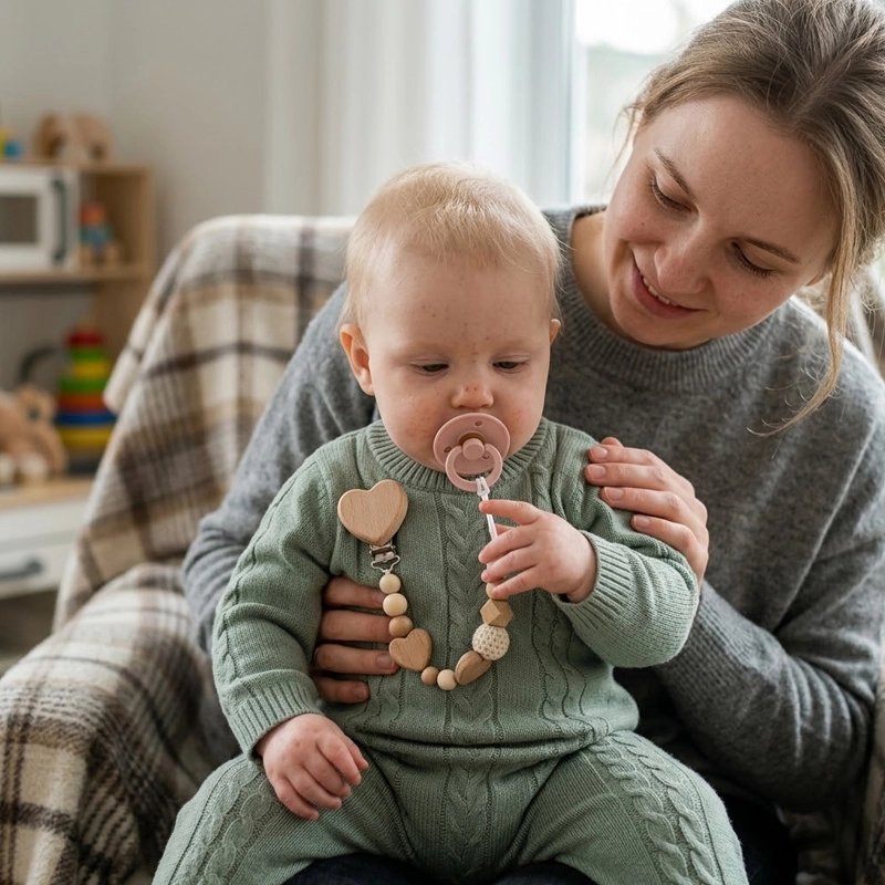 Attache tetine beige bébé maman qui porte son bébé