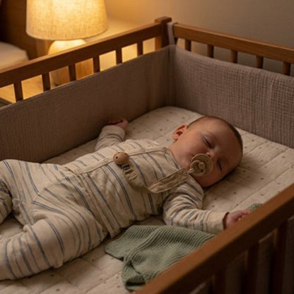 Attache tétine beige bébé qui dort tranquillement dans son lit