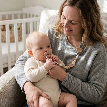 Attache tetine beige maman qui met la tétine dans la bouche de bébé