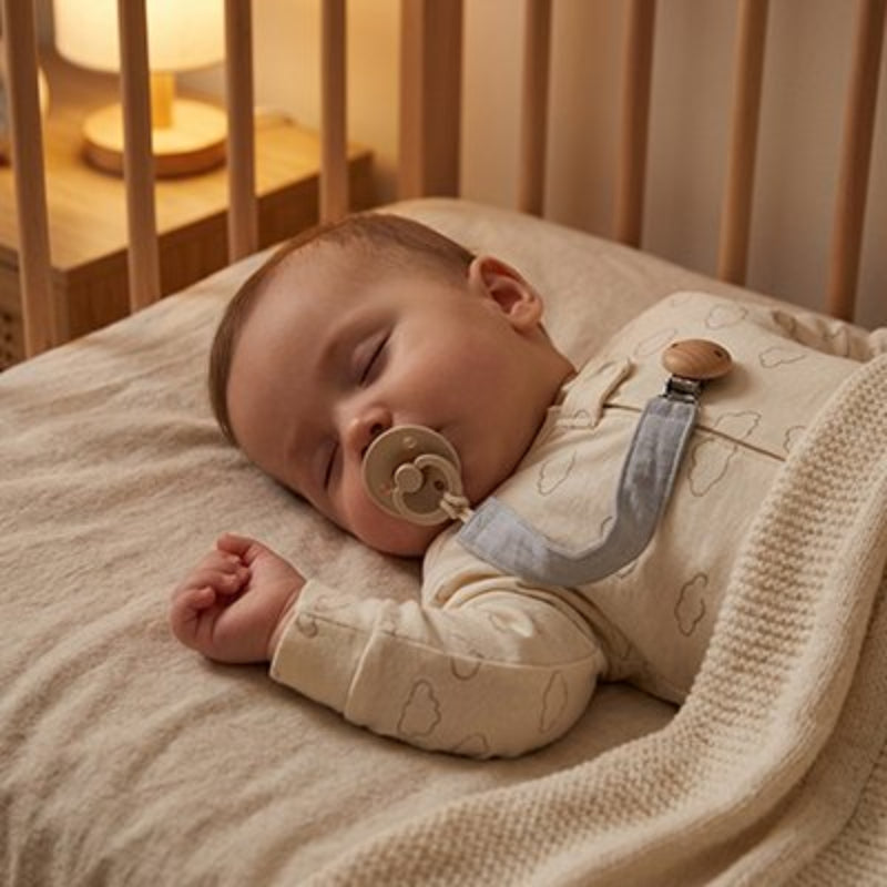 Attache tetine bleu bébé confortable dans son lit