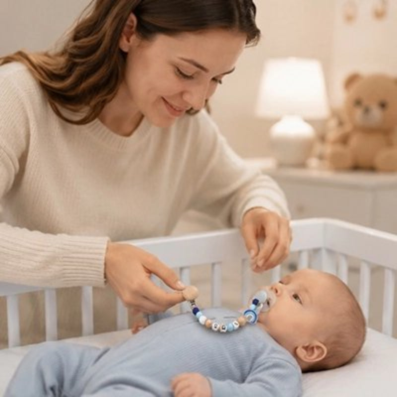 Attache tetine bleu maman regarde son enfant couché dans son lit