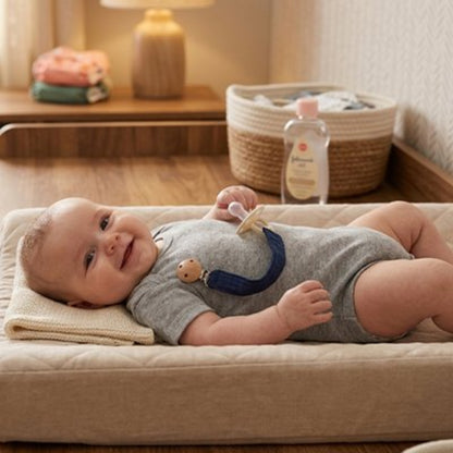 Attache tétine bleu marine, bébé couché sur son matelas à langer en souriant