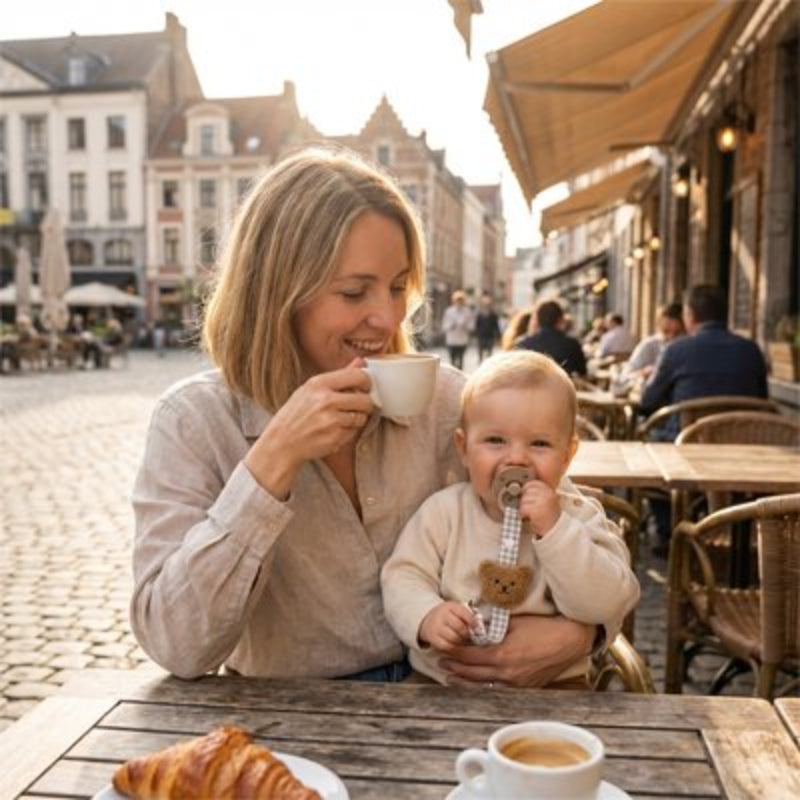 Attache tetine brun bébé dans un café avec sa maman