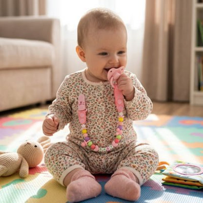 Attache tetine rose bébé assis sur son tapis coloré au salon
