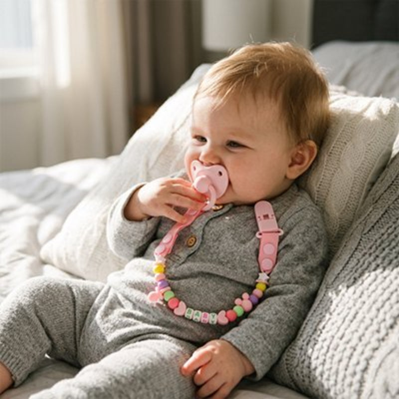 Attache tetine rose bébé couché sur le dos dans le lit
