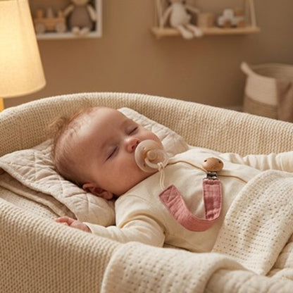 Attache tetine rose bébé endormit dans son lit