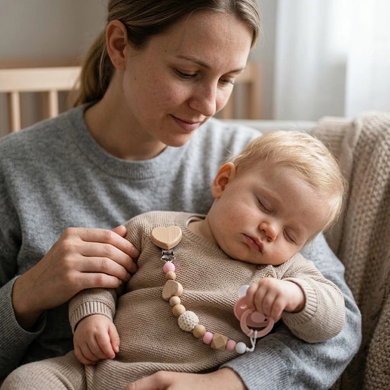 Attache tetine rose clair bébé endormi dans les bras de sa maman