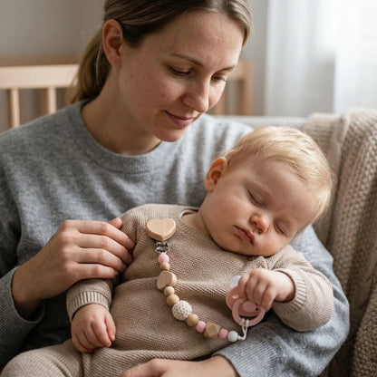 Attache tetine rose clair bébé endormi dans les bras de sa maman