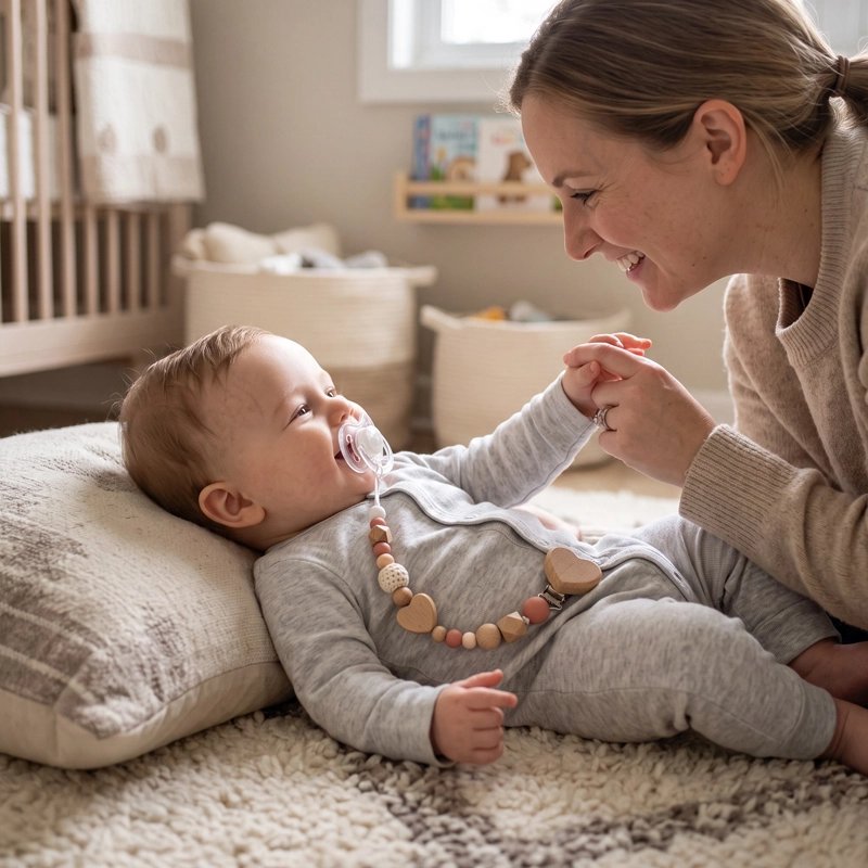 Attache tetine rose foncé maman qui s'amuse amuse avec son bébé 