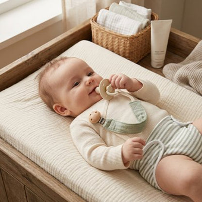 Attache tetine vert bébé couché dans son lit à langer 