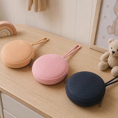 Boite a tetine​ abricot,rose et noir bien placées sur la table