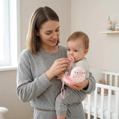 Boite a tetine​ bebe blanc maman met la tétine dans la bouche de bébé
