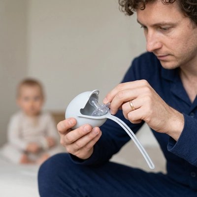 Boite a tetine​ bebe bleu papa qui regarde comment fonctionne la boite