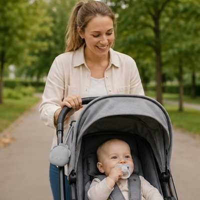 Boite a tetine​ bebe gris maman avec son bébé dans la poussette