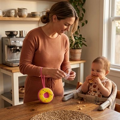 Boite a tetine​ bebe jaune maman recupère la tétine et bébé mange la gauffre